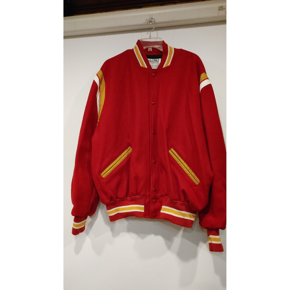 DeLONG Varsity Jacket Mens XL Red Sabres Wool Letterman Bomber USA Made Vtg